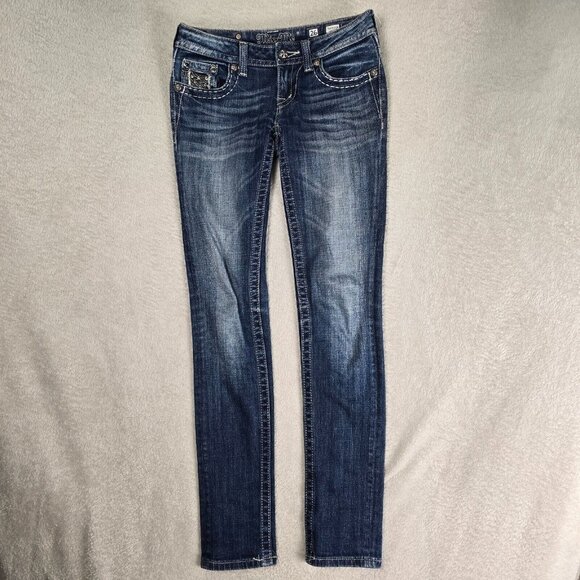 Miss Me Jeans Womens Size 26 Skinny Leg Low Rise Stretch Denim Flap Pockets Rock - Picture 1 of 15